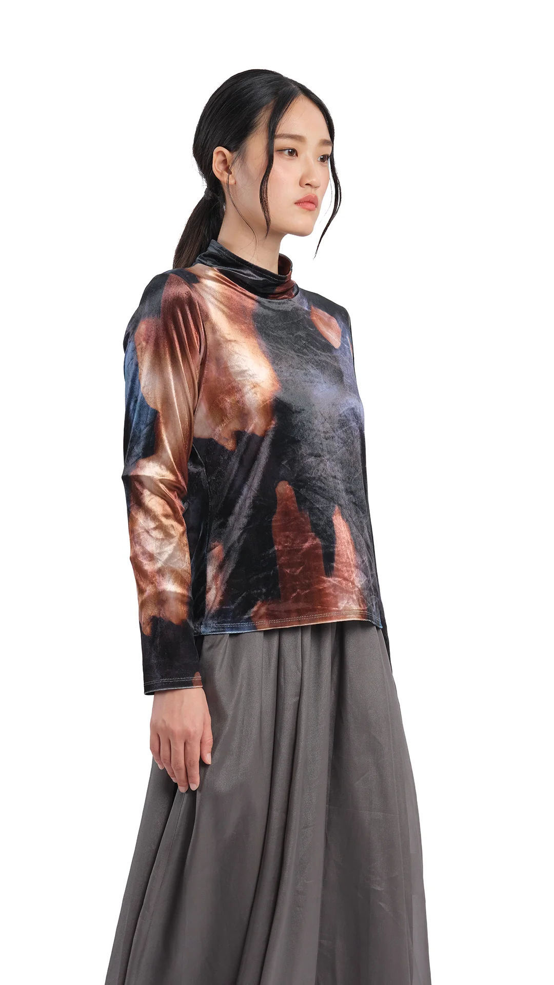 Watercolor Graphic Velour High Neck Top - Hudung