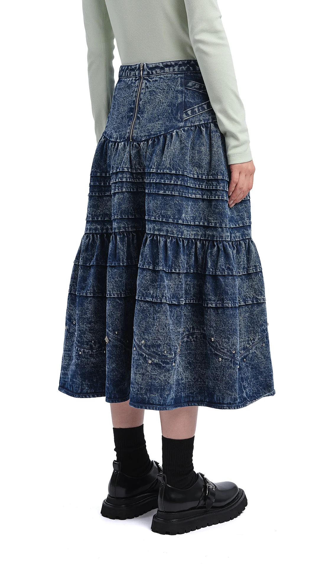 Stone-Washed Studded Denim Skirt - Hudung