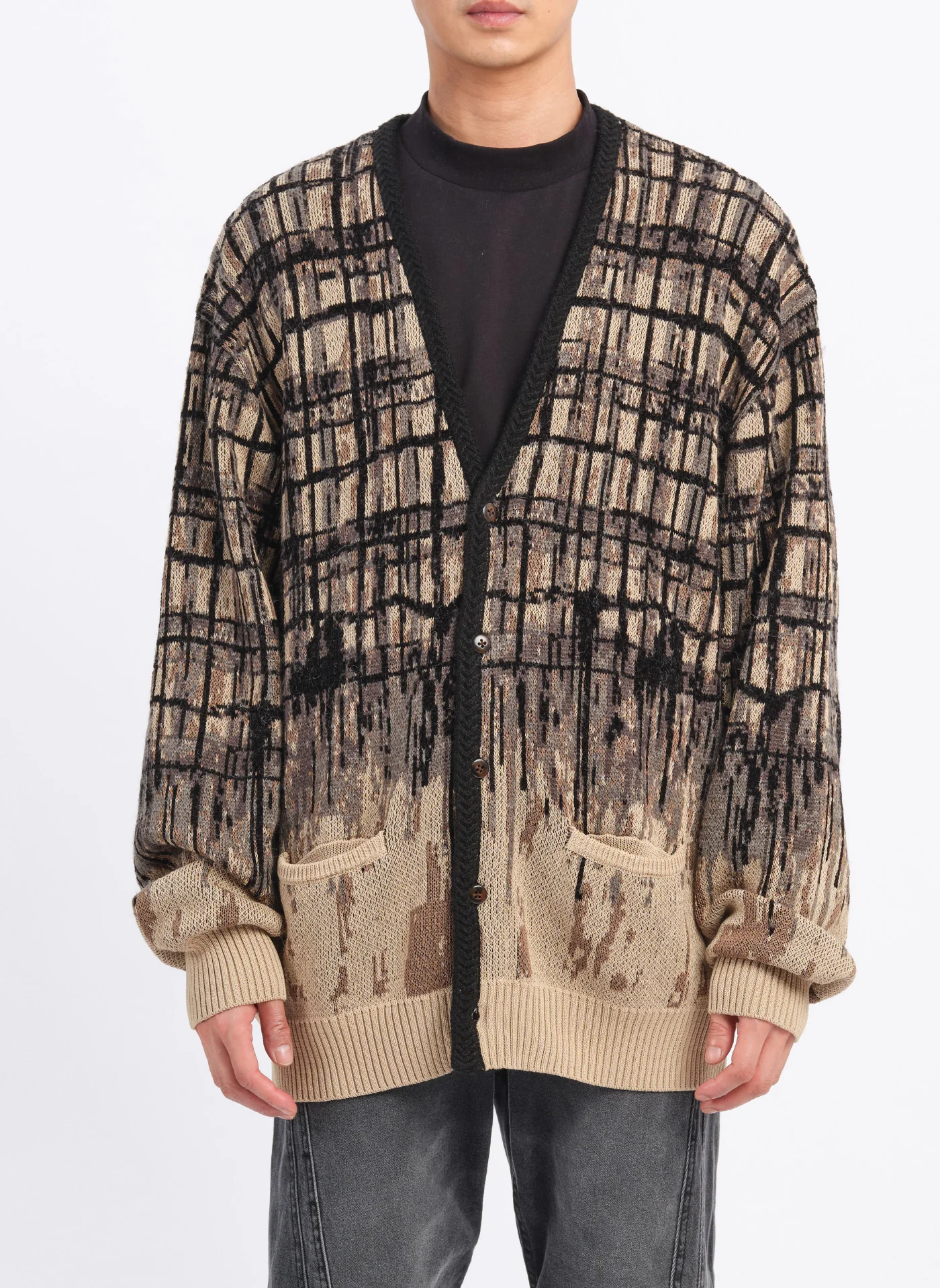 Viscose Nylon Hand Draw Checkers Cardigan - Hudung