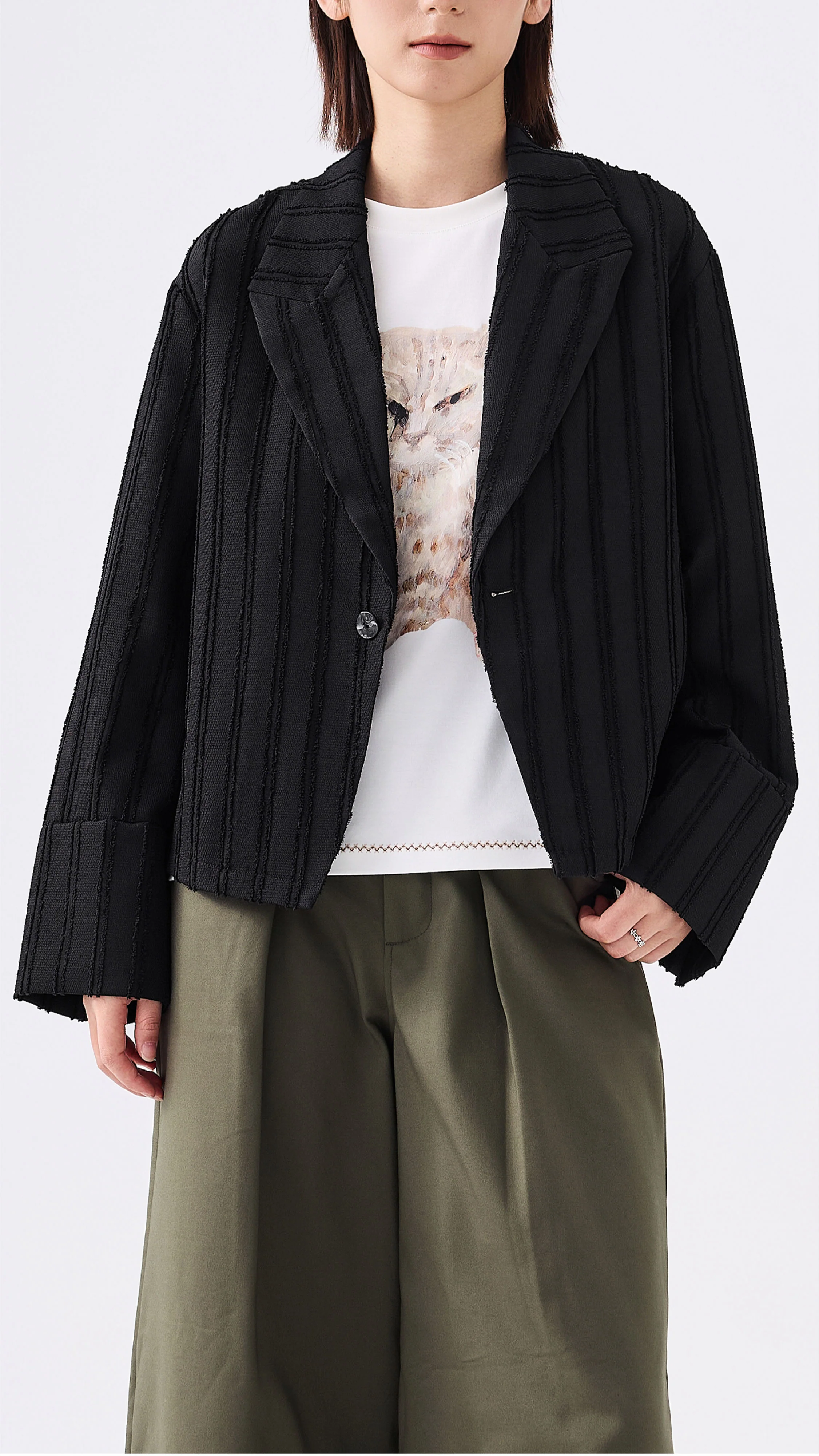 Stripe Jacquard Crop Blazer - Hudung