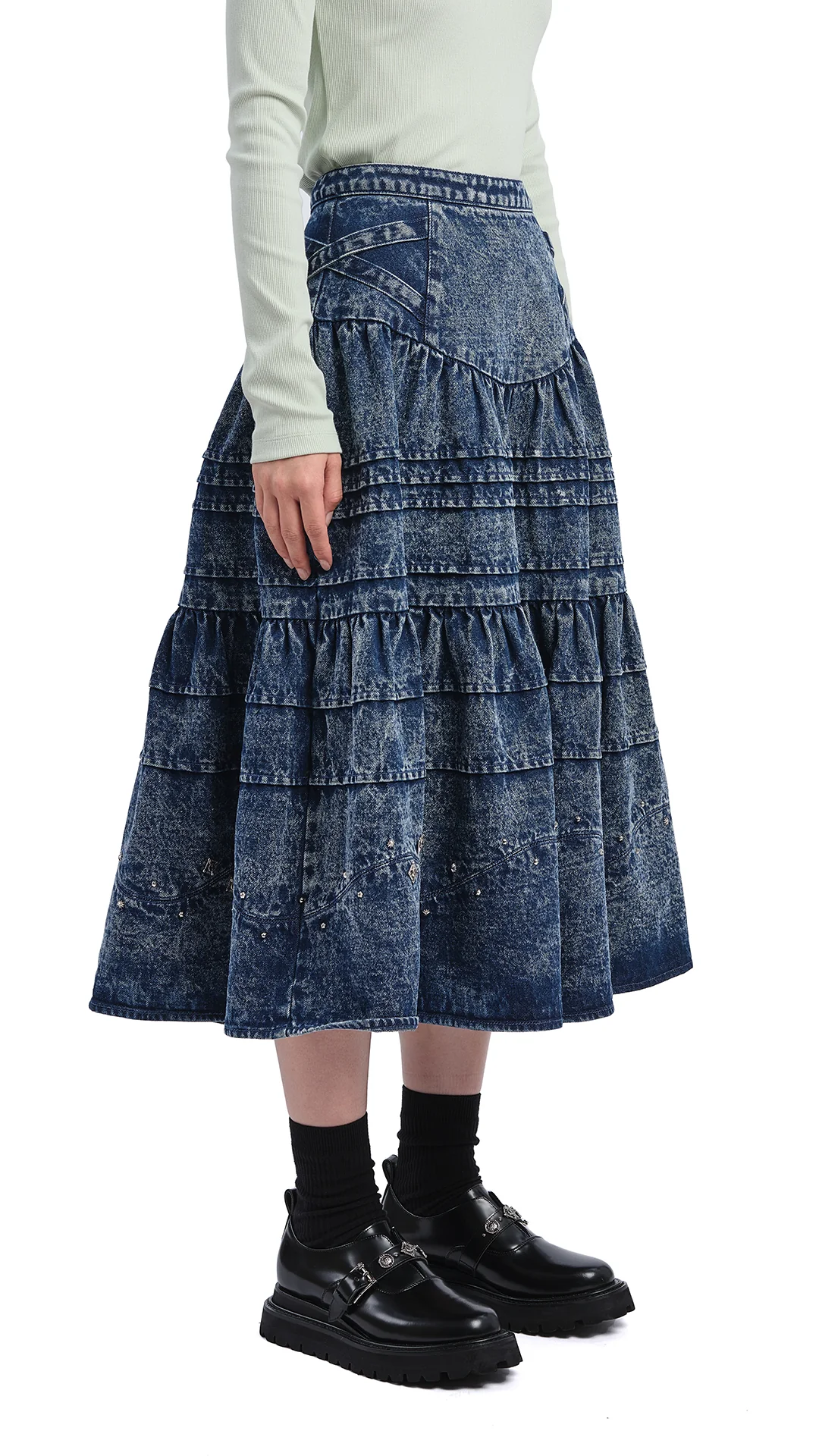 Stone-Washed Studded Denim Skirt - Hudung
