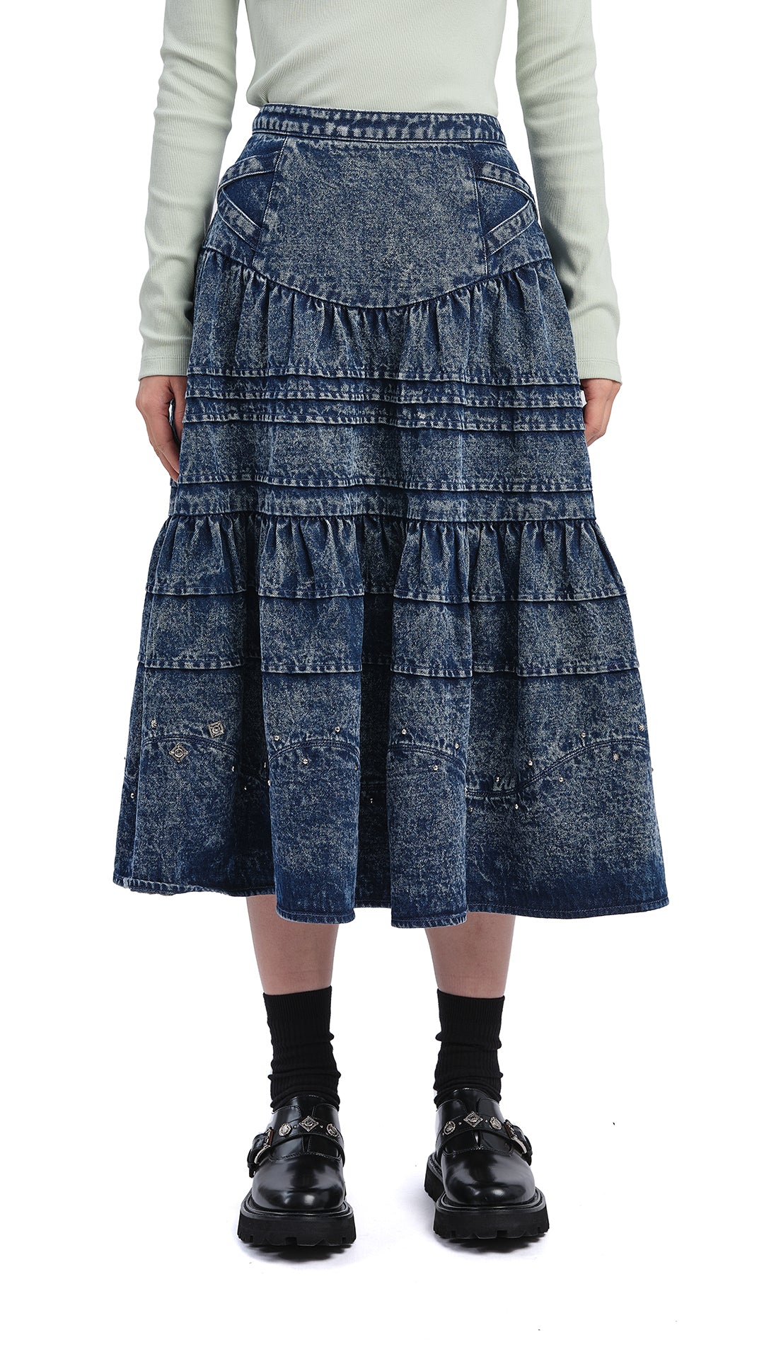 Stone-Washed Studded Denim Skirt - Hudung