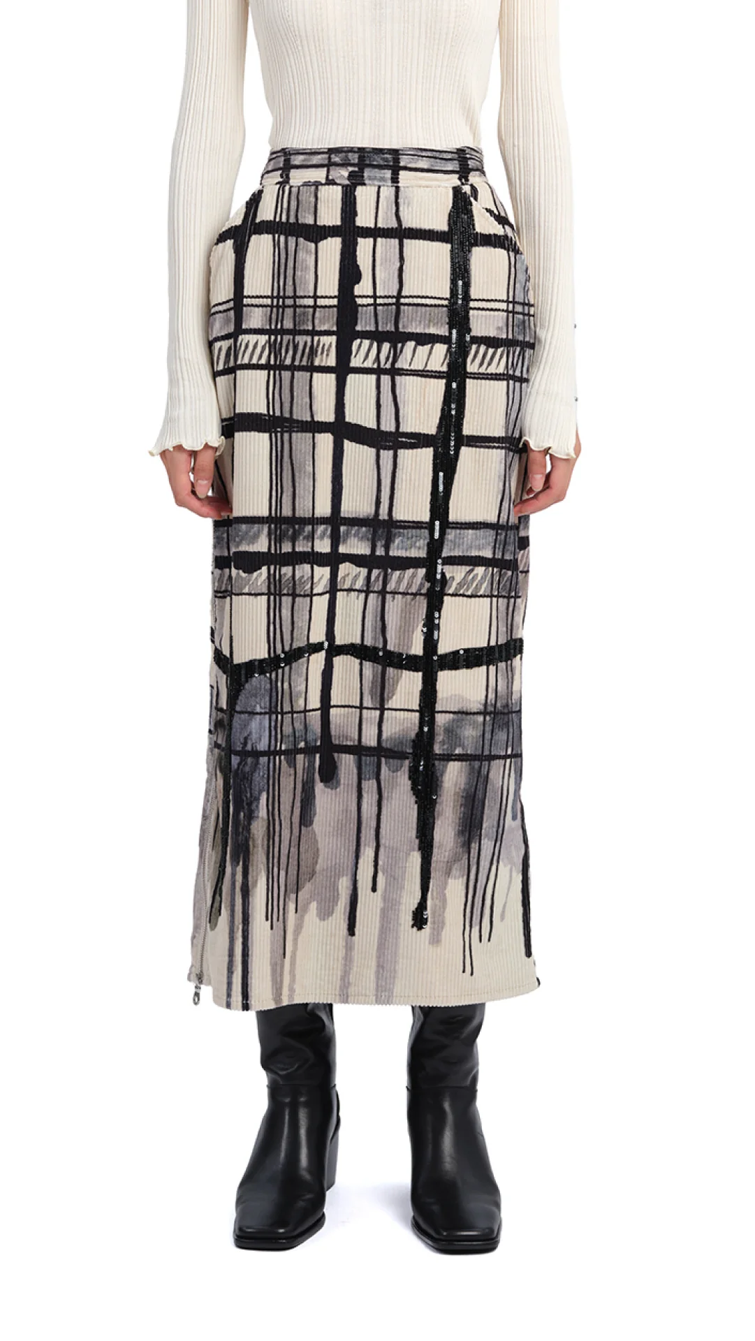 Handcrafted Checker Printed Corduroy Fishtail Skirt - Hudung