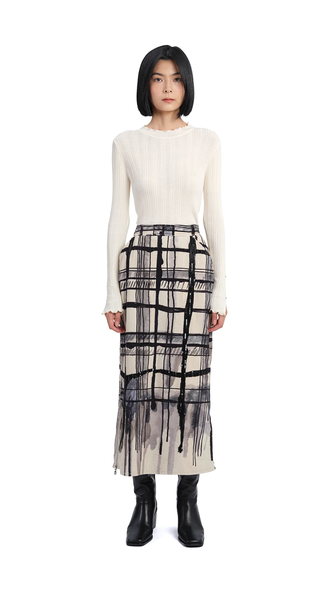 Handcrafted Checker Printed Corduroy Fishtail Skirt - Hudung