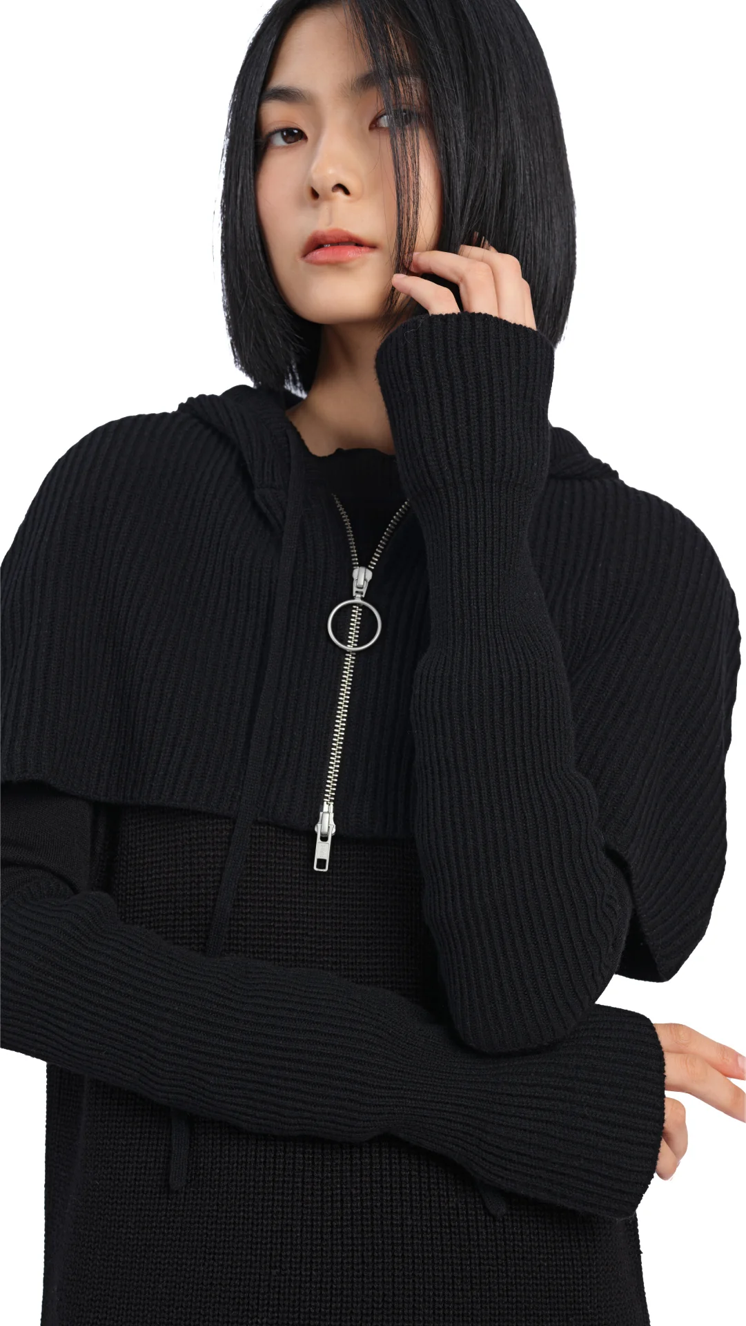 Cropped Hoodie Cape With Arm Warmer - Hudung